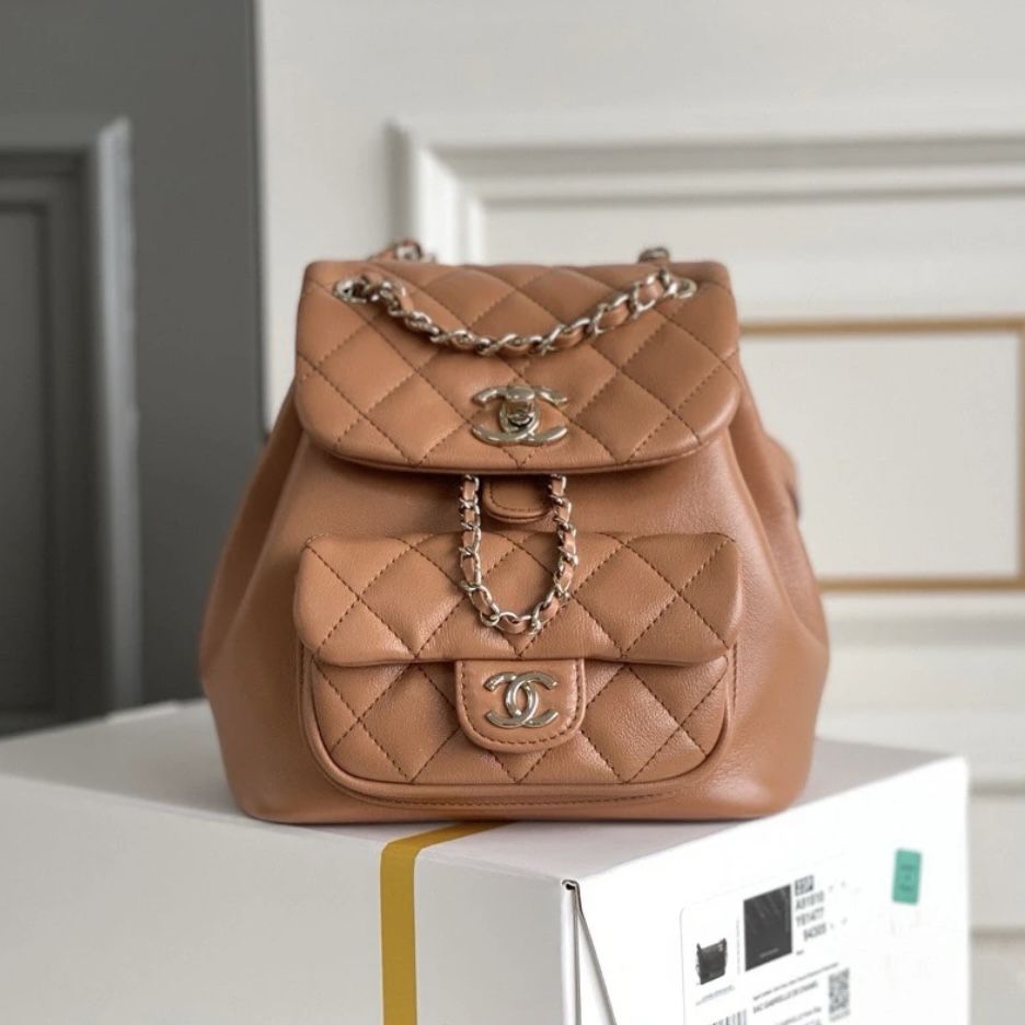 CHANEL 24P Duma Drawstring Backpack One Pocket Grained Shiny Calfskin