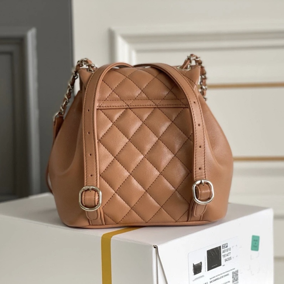 CHANEL 24P Duma Drawstring Backpack One Pocket Grained Shiny Calfskin