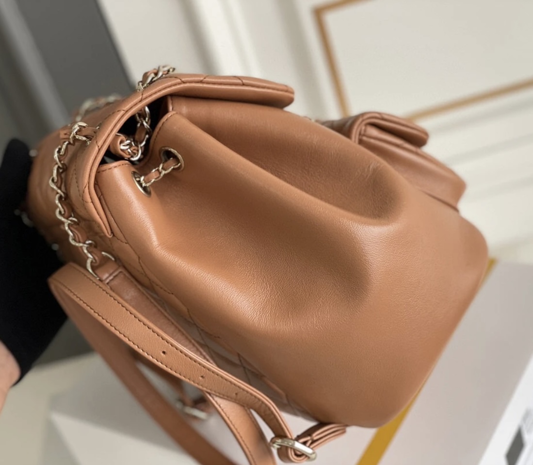 CHANEL 24P Duma Drawstring Backpack One Pocket Grained Shiny Calfskin