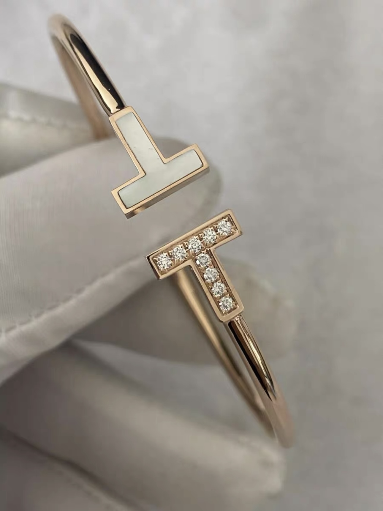 Tiffany Double T Narrow Wire Bracelet With Diamond and MOP