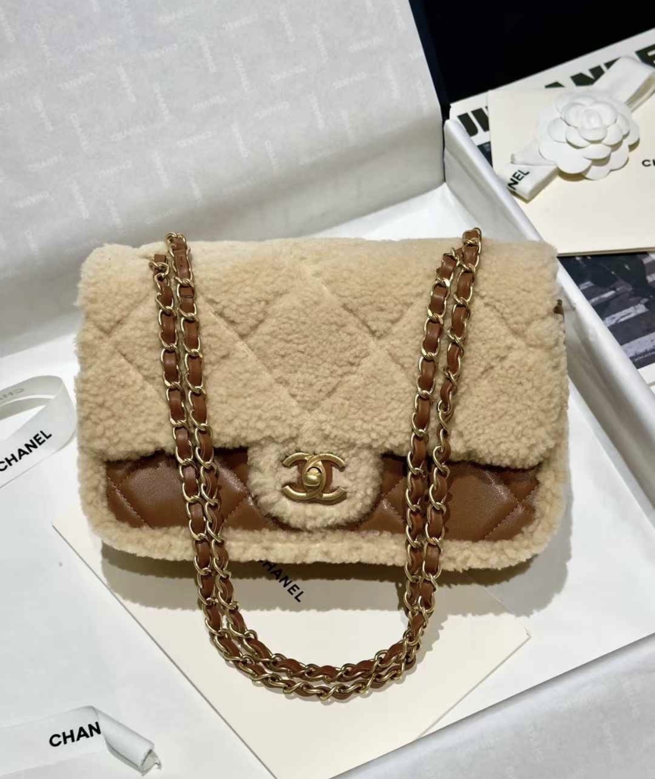 CHANEL 24K Teddy Bear-Shearling Flap Bag