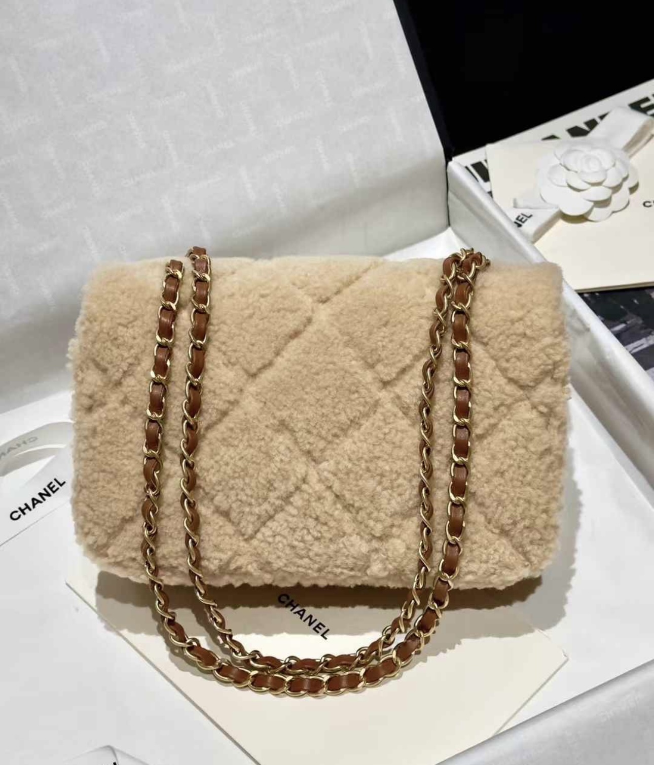 CHANEL 24K Teddy Bear-Shearling Flap Bag