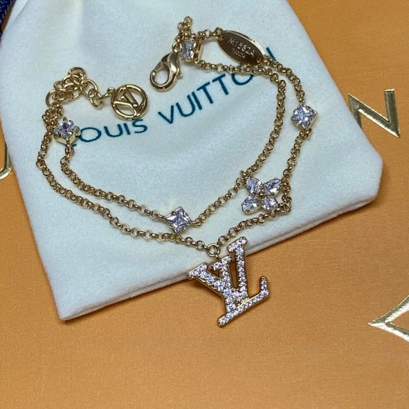 LV Logo Charm Metal Faux Crystal Couple Bracelet