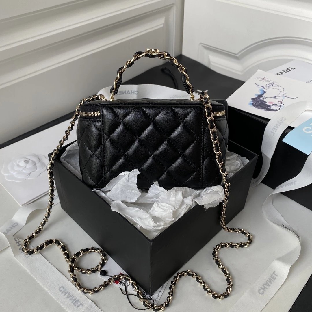 CHANEL 23K Logo Handle Lambskin Box Makeup Bag