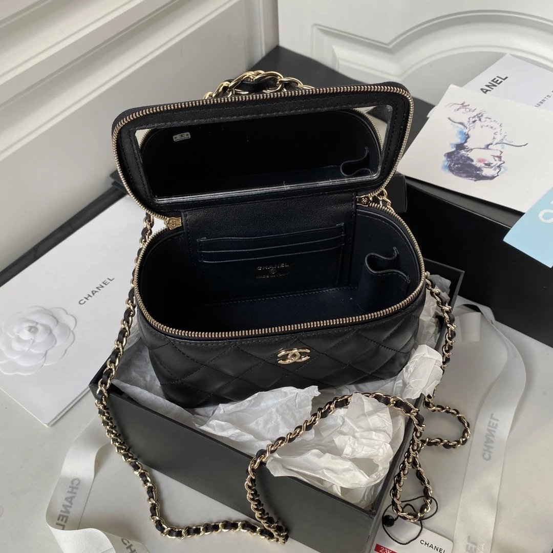 CHANEL 23K Logo Handle Lambskin Box Makeup Bag