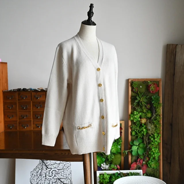 CELINE Vintage Parisian Gold Button Cashmere Cardigan