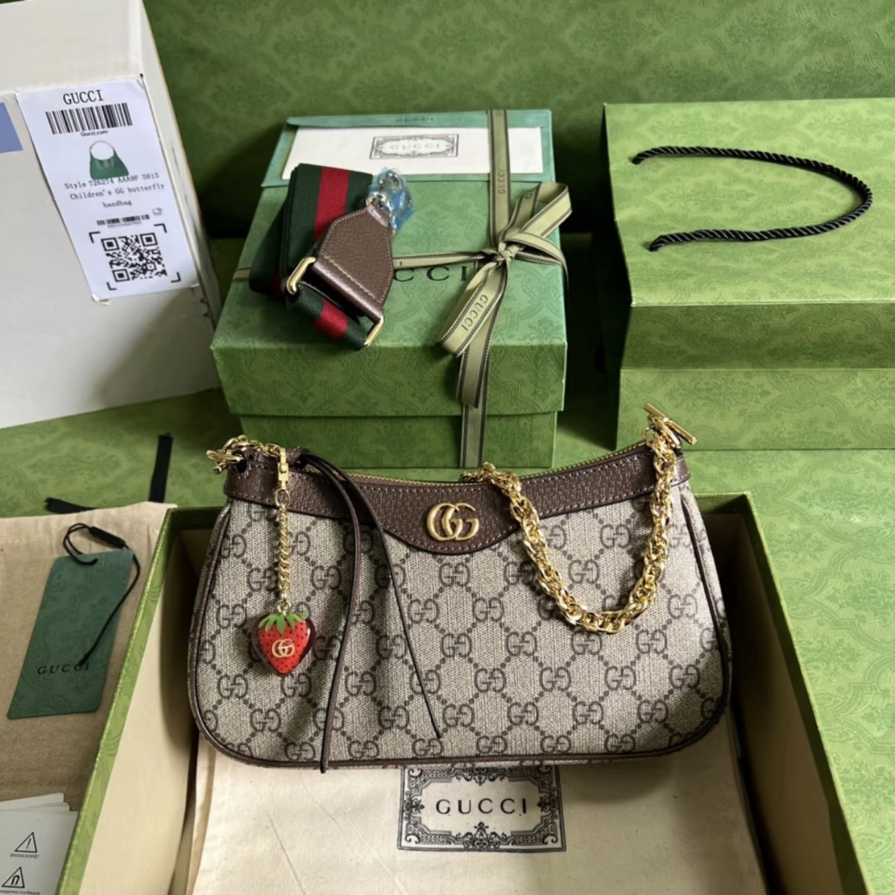 GUCCI Ophidia Strawberry Logo Pendant Chain Canvas with Leather Trim Underarm Bag