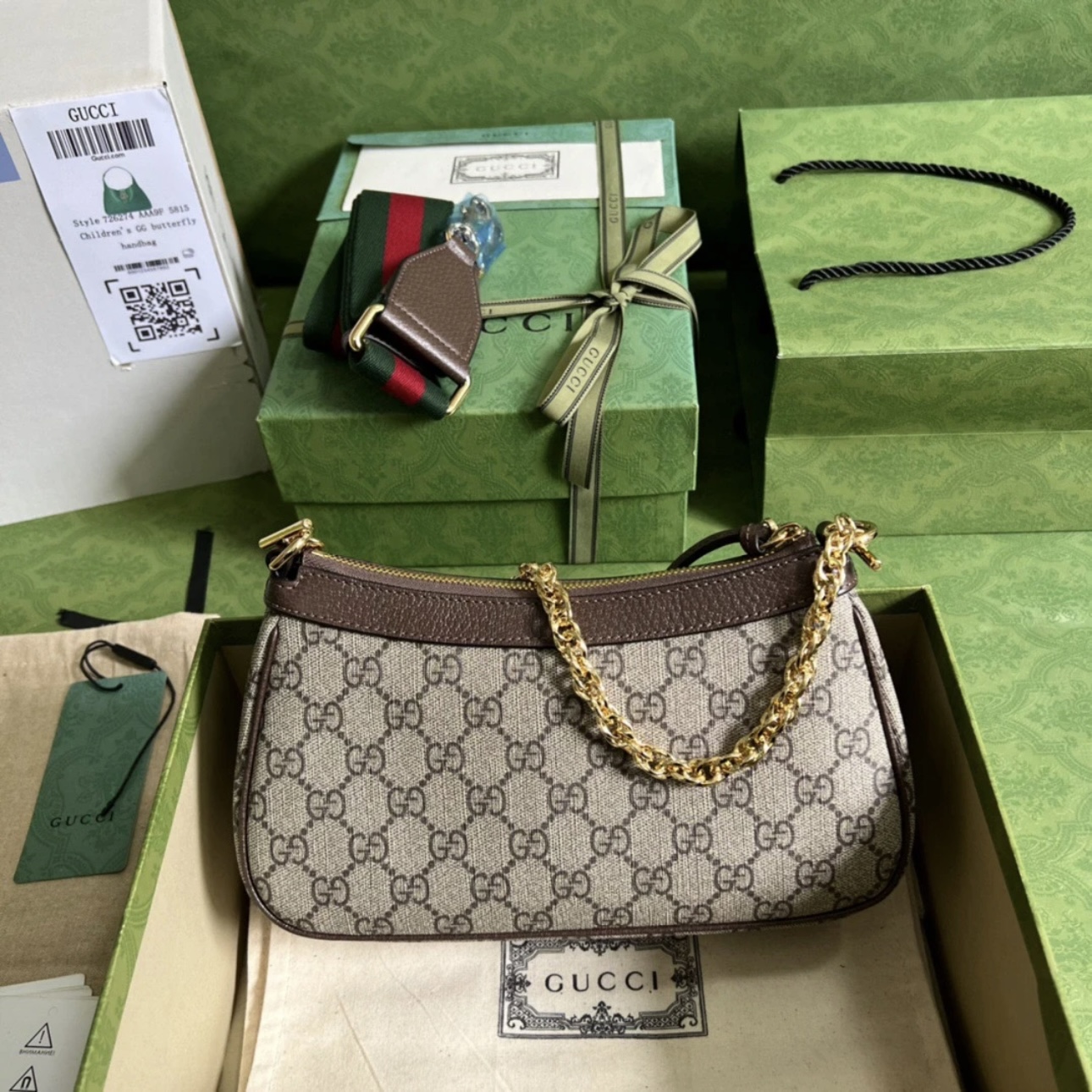 GUCCI Ophidia Strawberry Logo Pendant Chain Canvas with Leather Trim Underarm Bag