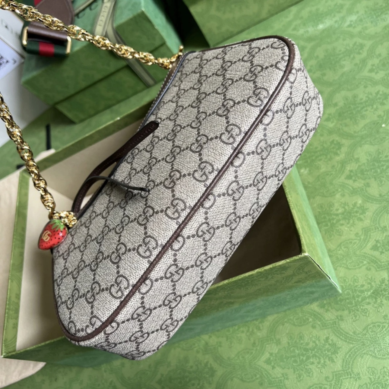 GUCCI Ophidia Strawberry Logo Pendant Chain Canvas with Leather Trim Underarm Bag
