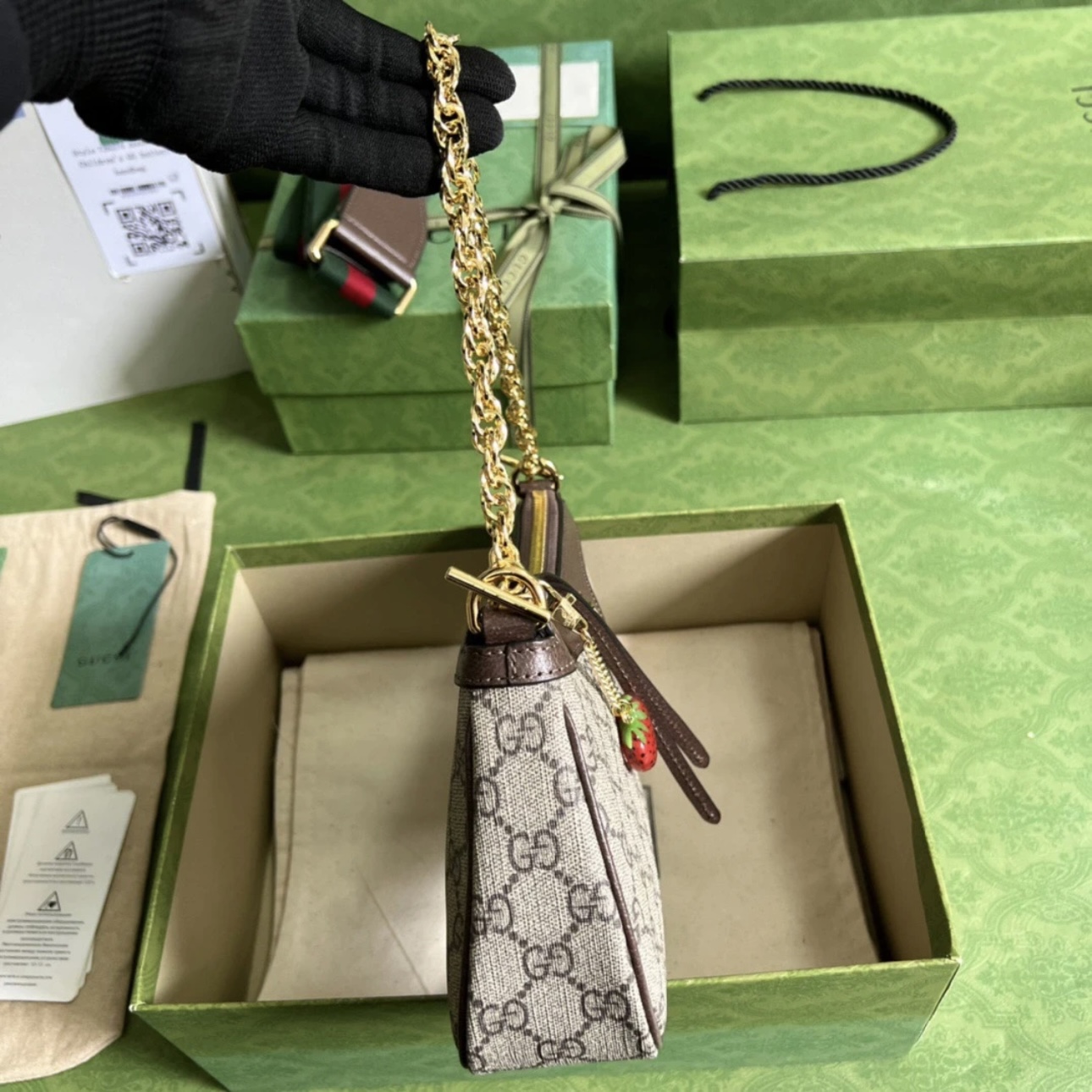 GUCCI Ophidia Strawberry Logo Pendant Chain Canvas with Leather Trim Underarm Bag