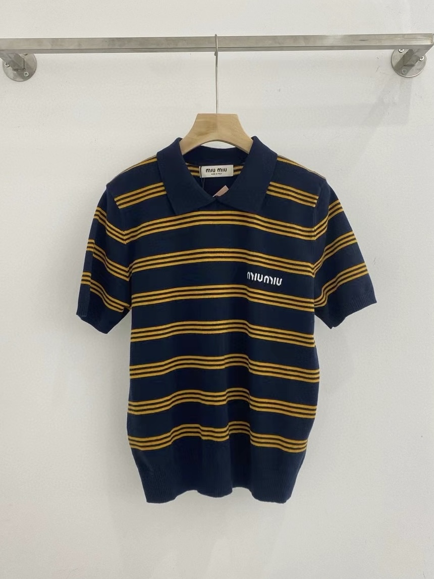 MIUMIU Navy Striped Cashmere And Silk Polo Sweater