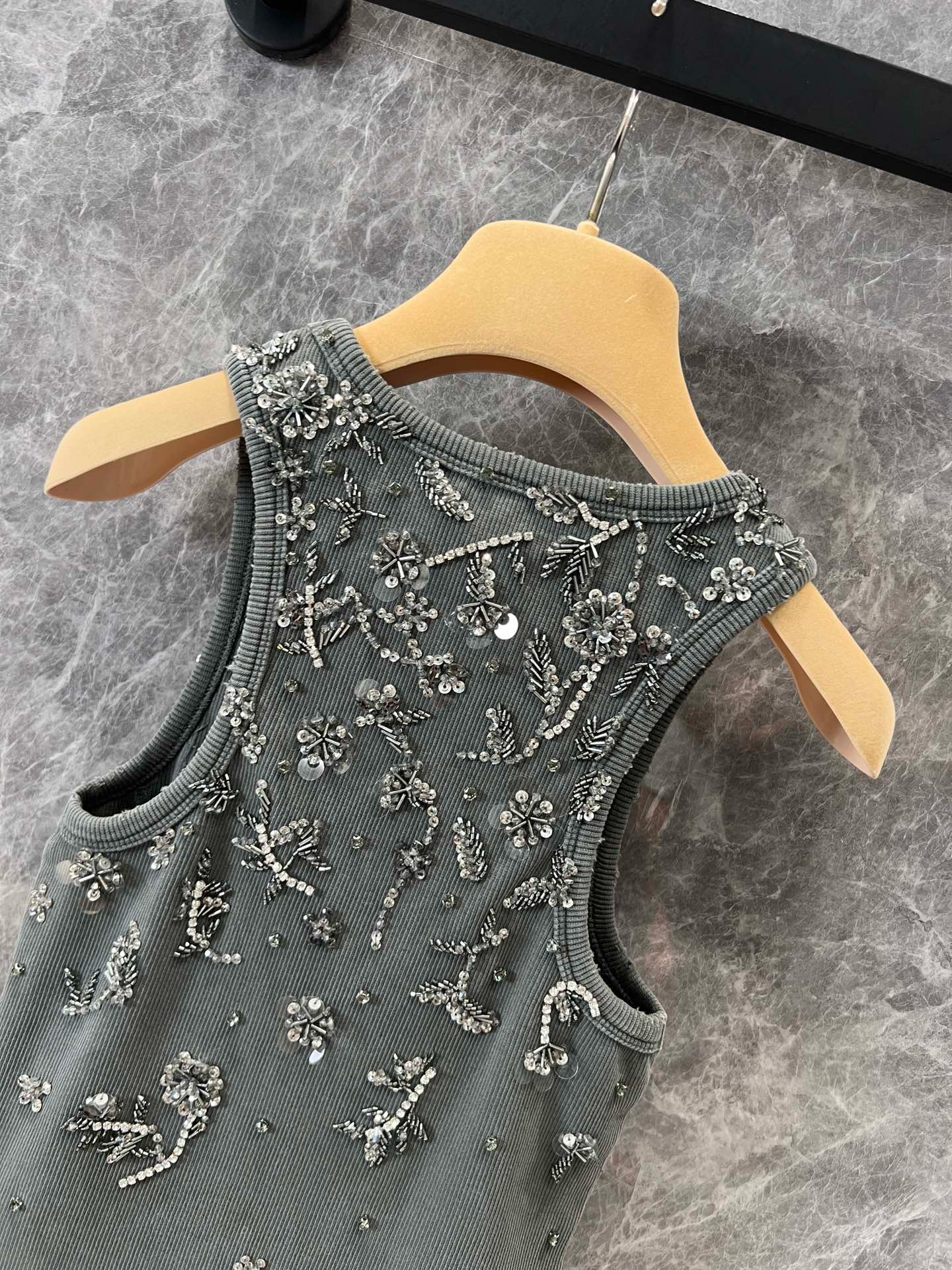 MIUMIU Garment-dyed embroidered ribbed knit jersey top