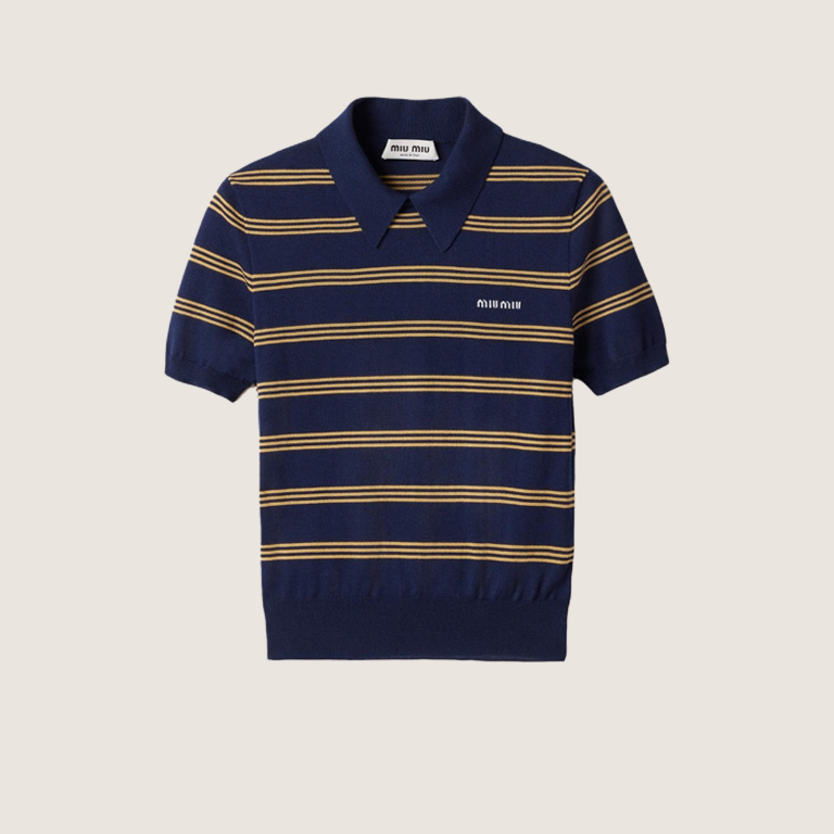 MIUMIU Navy Striped Cashmere And Silk Polo Sweater