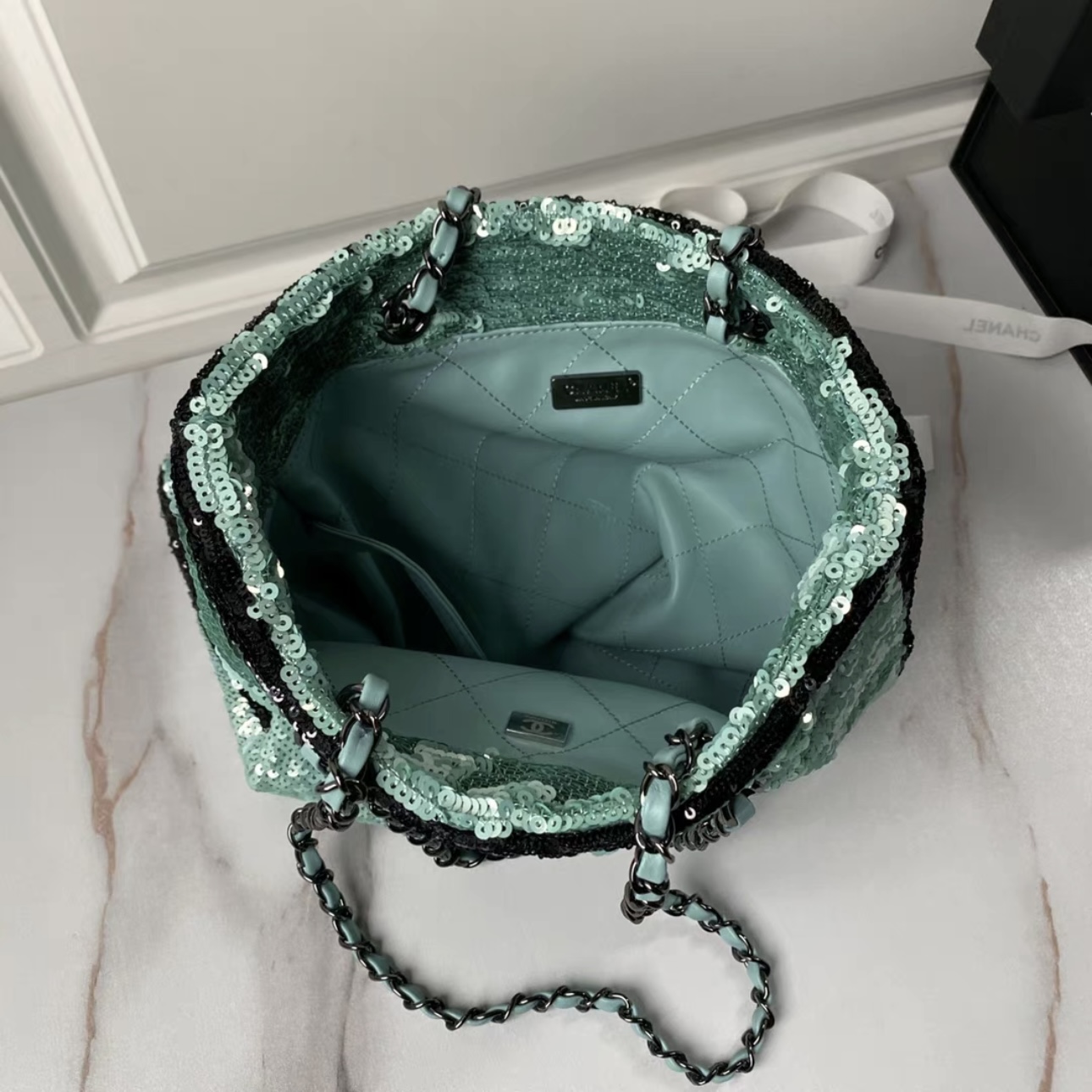CHANEL 24S Mint Mambo Green Sequin Tote Bag