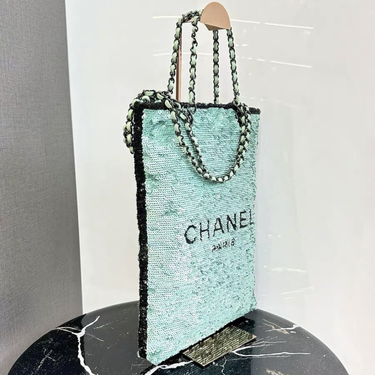 CHANEL 24S Mint Mambo Green Sequin Tote Bag