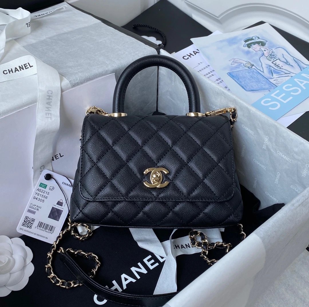 CHANEL 24A Flap Bag with Top COCO MINI Handle Grained Calfskin