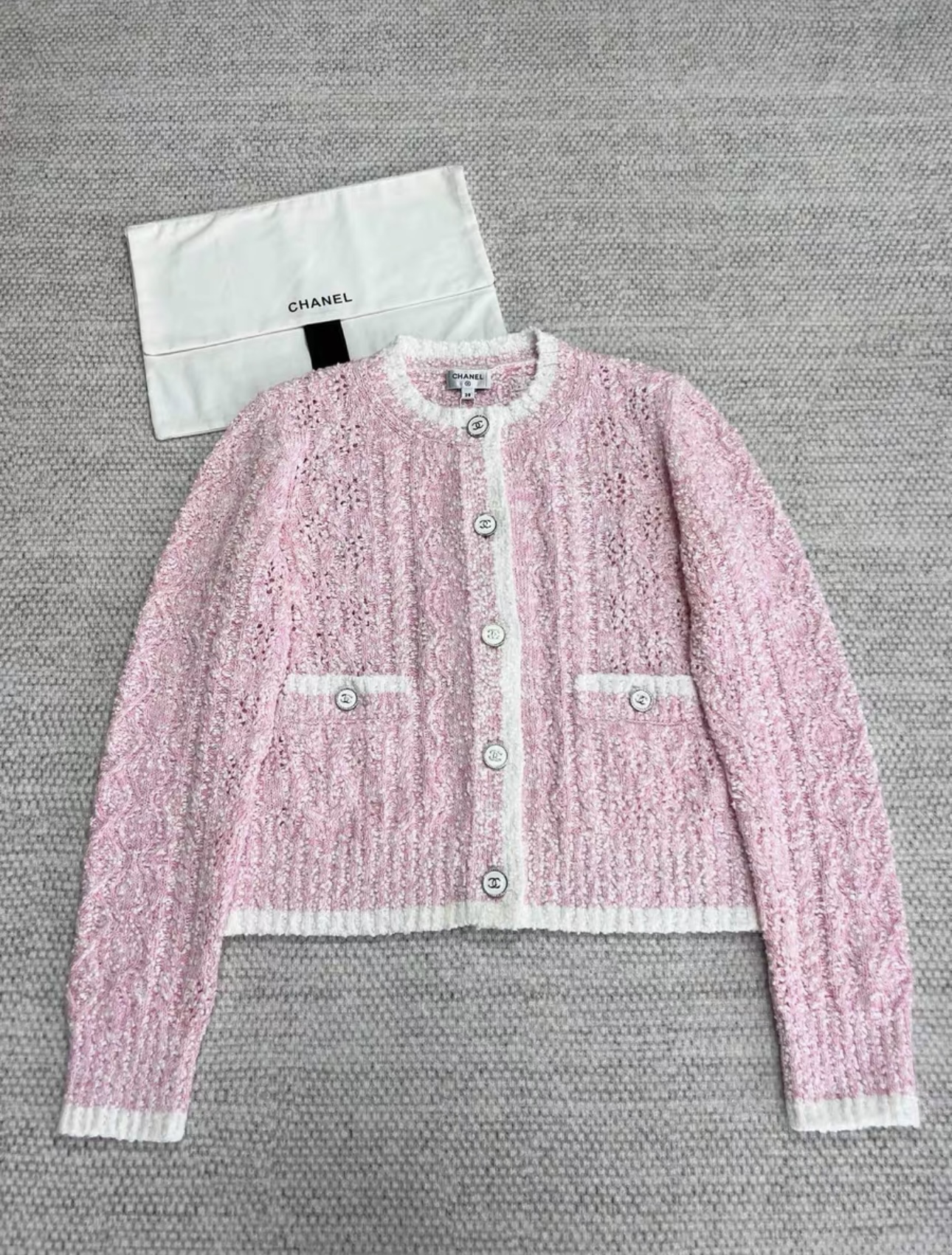 CHANEL 24S Contrast-Color Tweed Open-Knit Cardigan