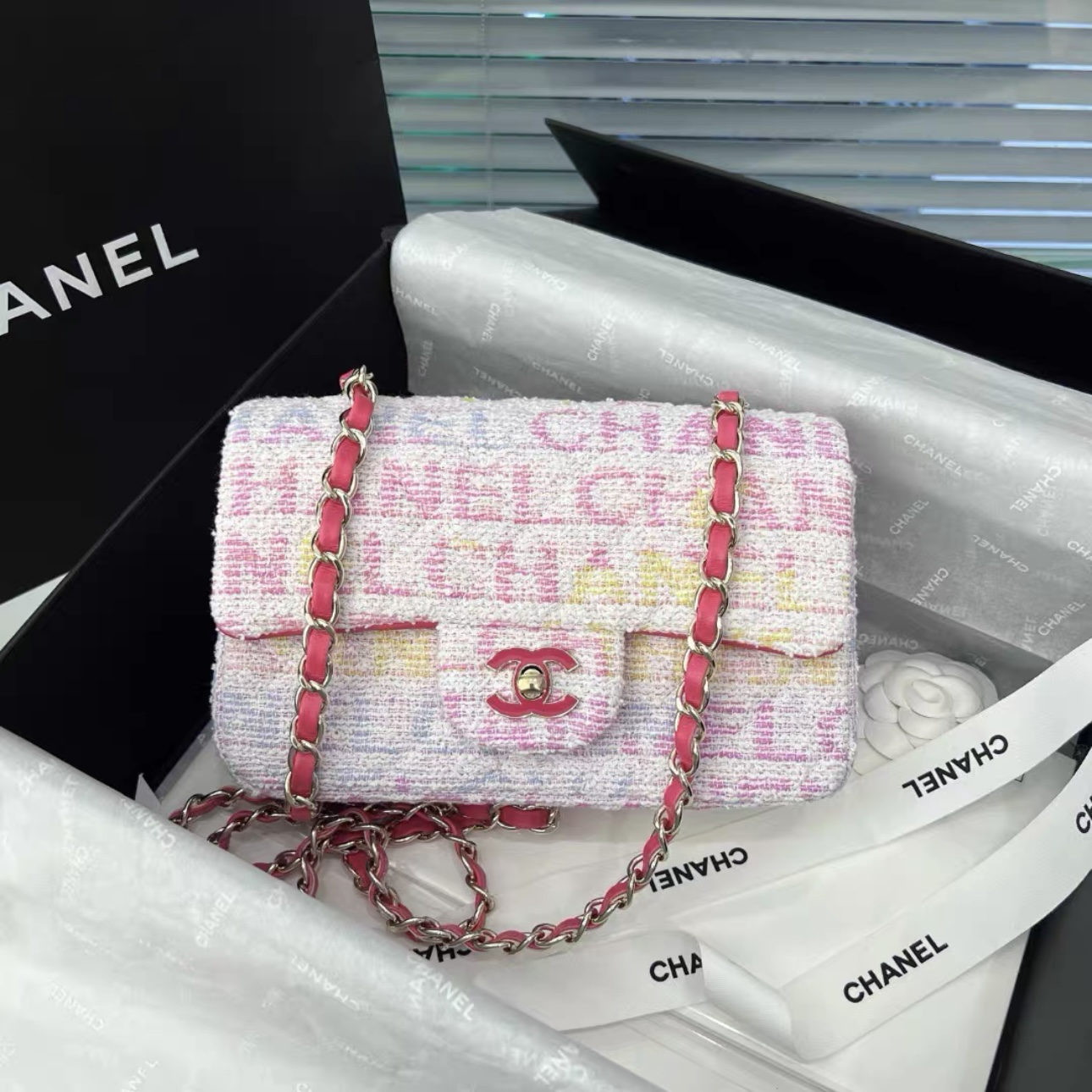 CHANEL Tweed Quilted Mini Rectangular Flap Pink Multicolor