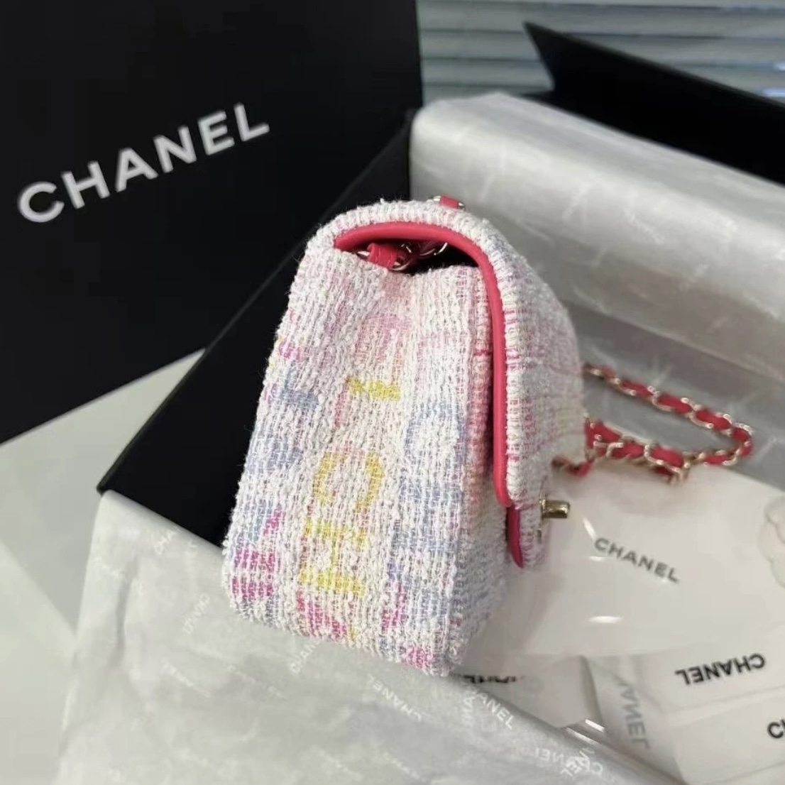 CHANEL Tweed Quilted Mini Rectangular Flap Pink Multicolor