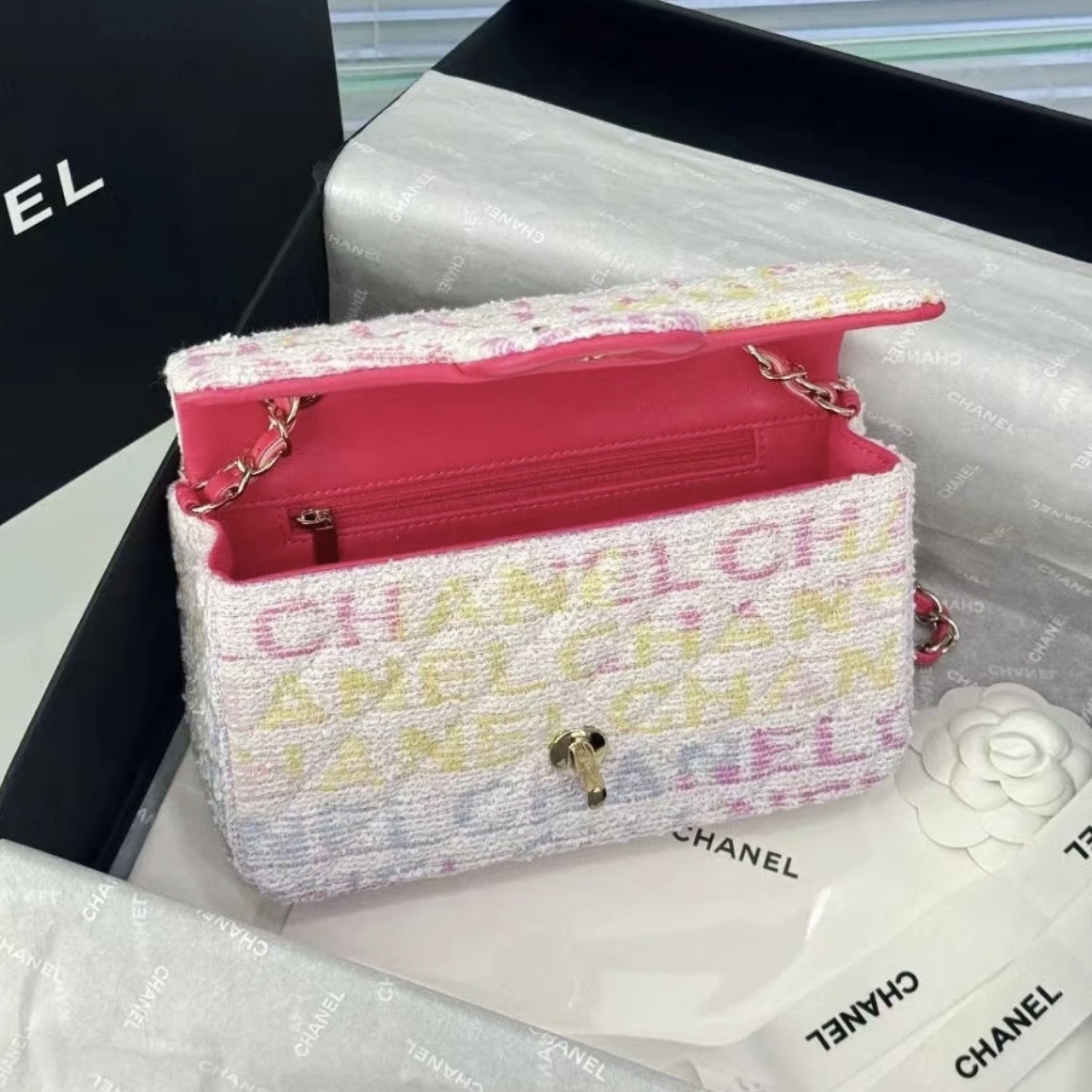 CHANEL Tweed Quilted Mini Rectangular Flap Pink Multicolor