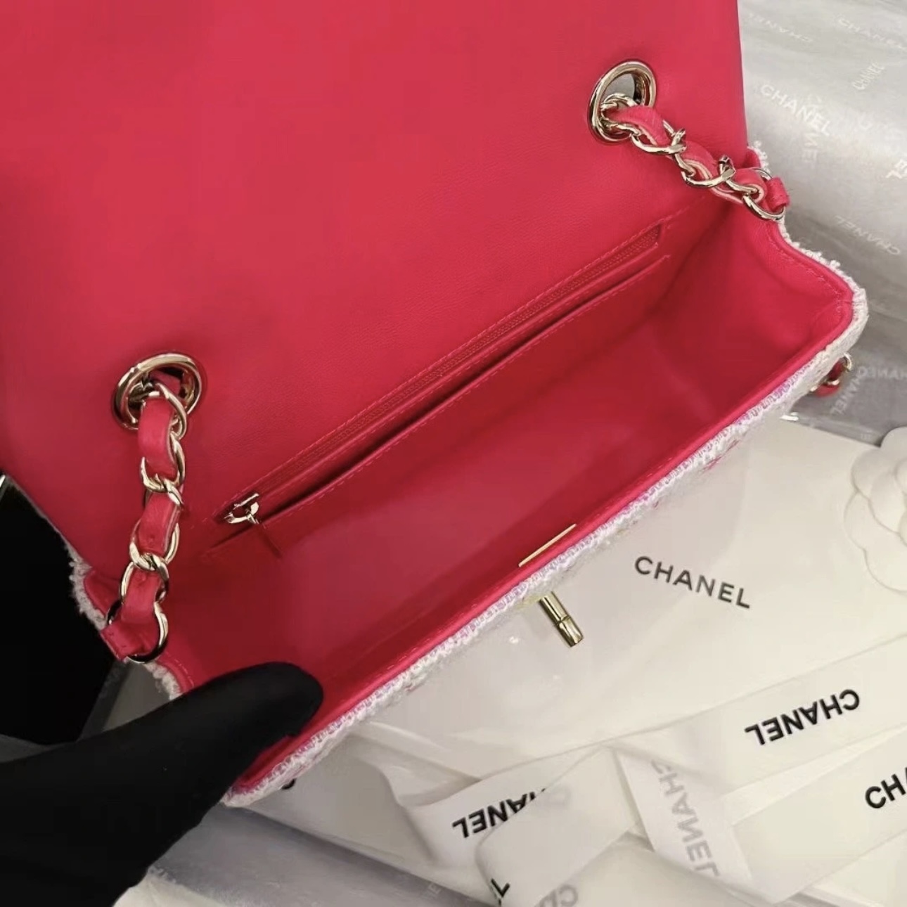 CHANEL Tweed Quilted Mini Rectangular Flap Pink Multicolor