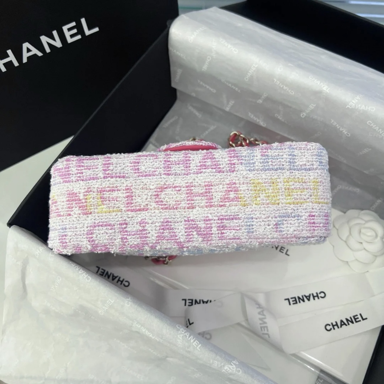 CHANEL Tweed Quilted Mini Rectangular Flap Pink Multicolor