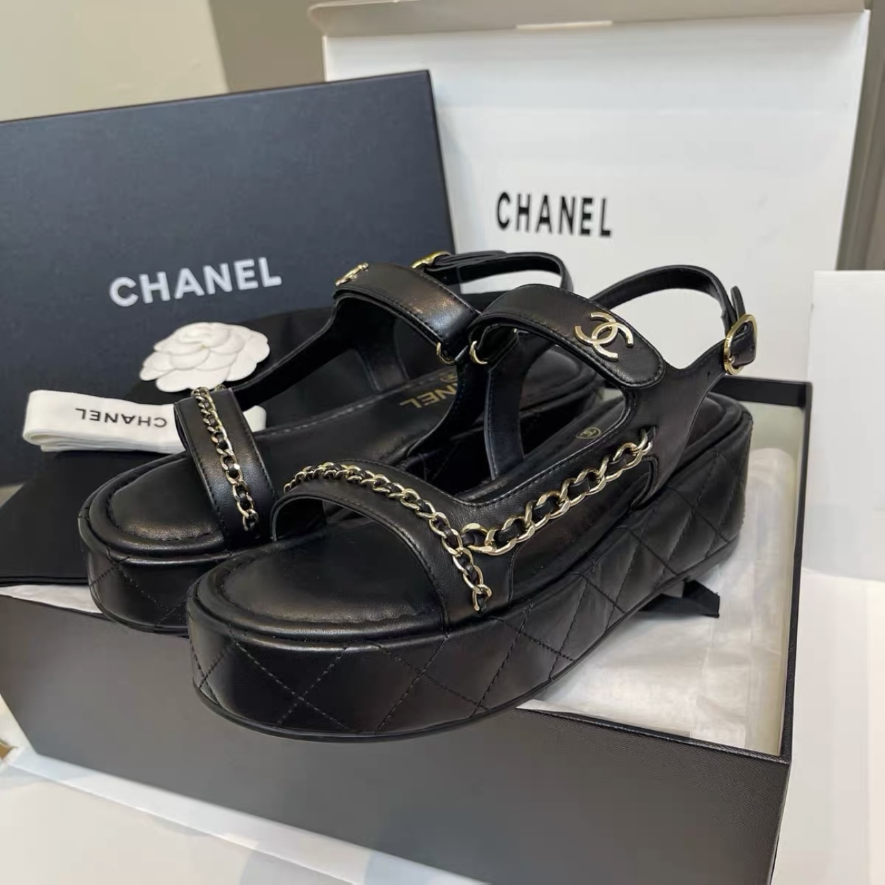 CHANEL Lambskin Quilted Chain CC Platform Sandals