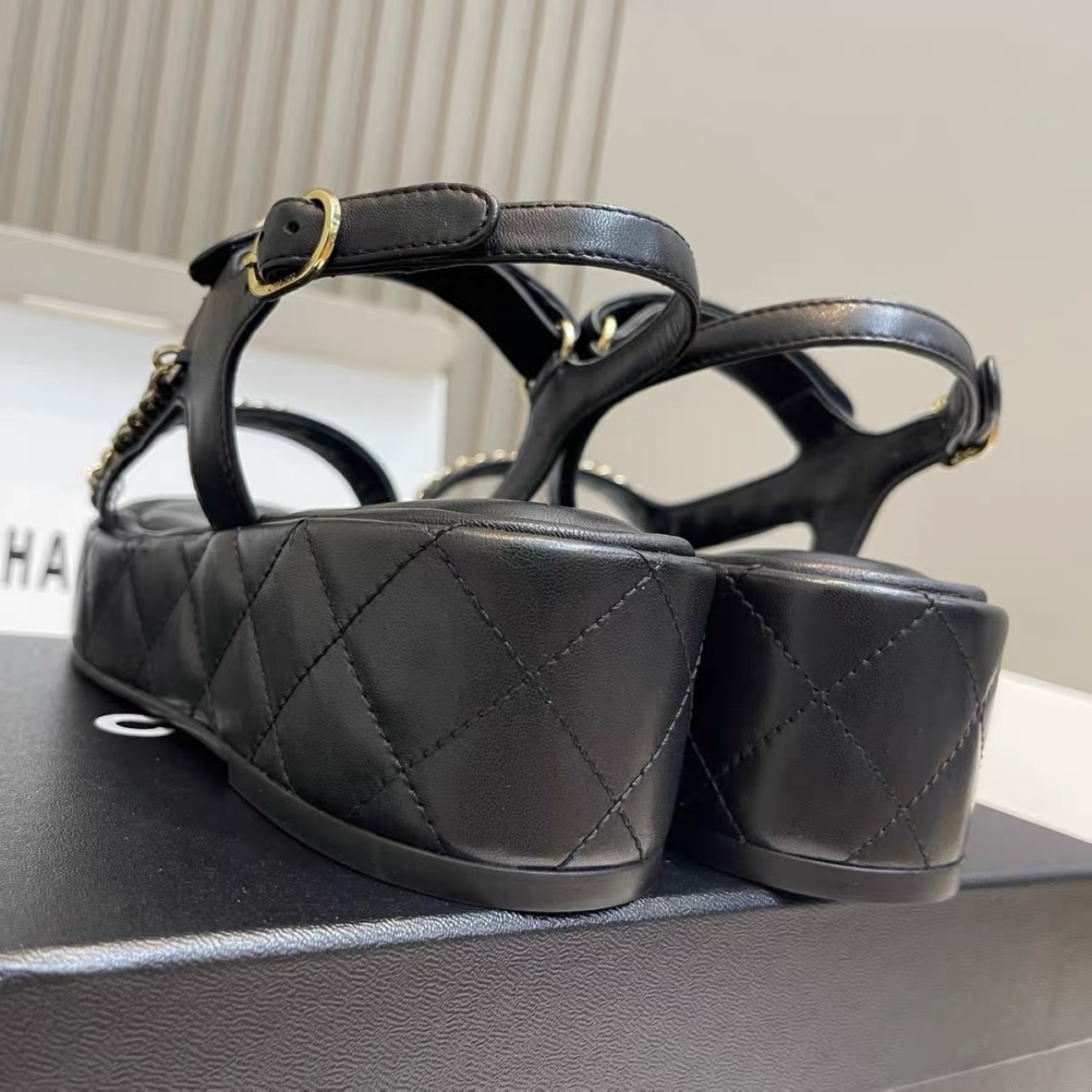 CHANEL Lambskin Quilted Chain CC Platform Sandals