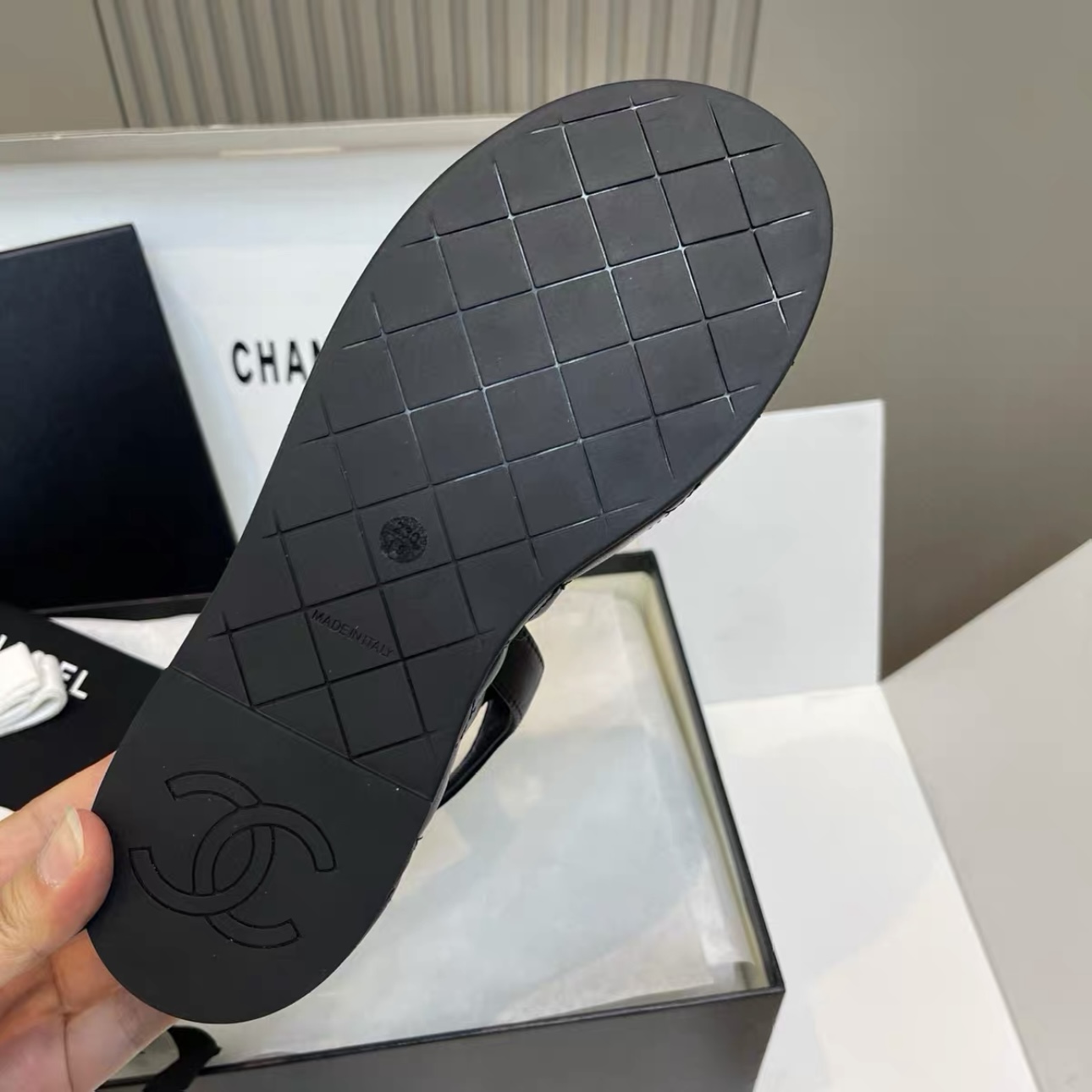 CHANEL Lambskin Quilted Chain CC Platform Sandals