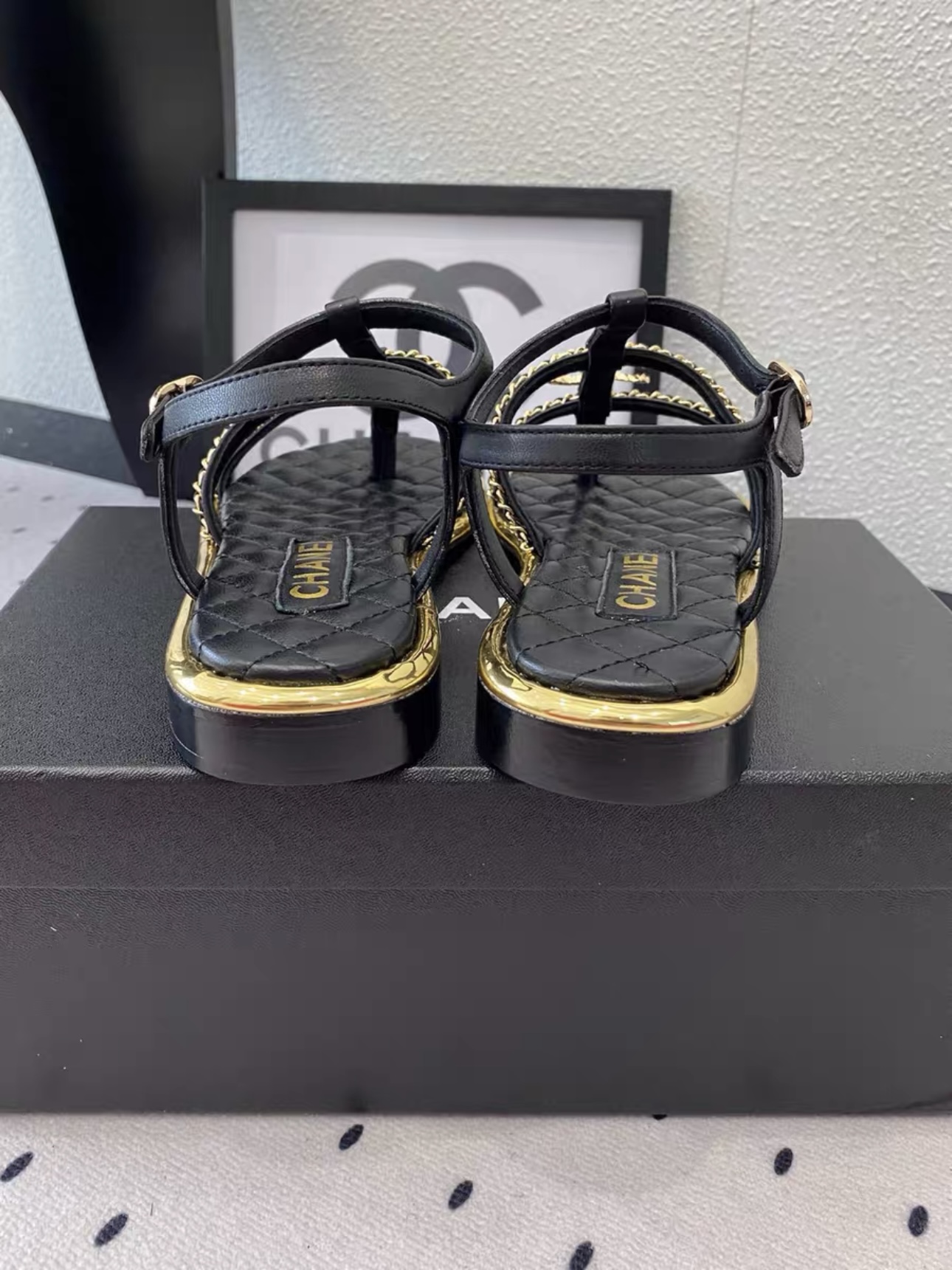 CHANEL Lambskin Quilted Chain CC Platform Sandals