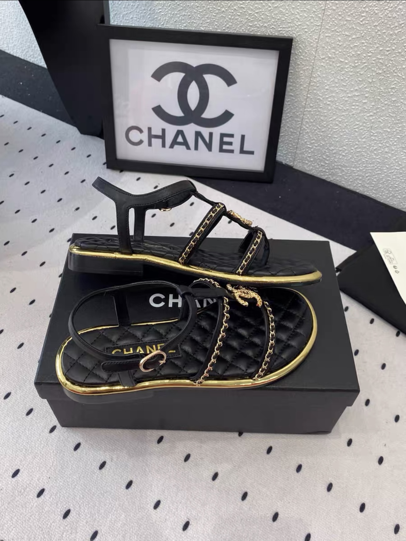 CHANEL Lambskin Quilted Chain CC Platform Sandals