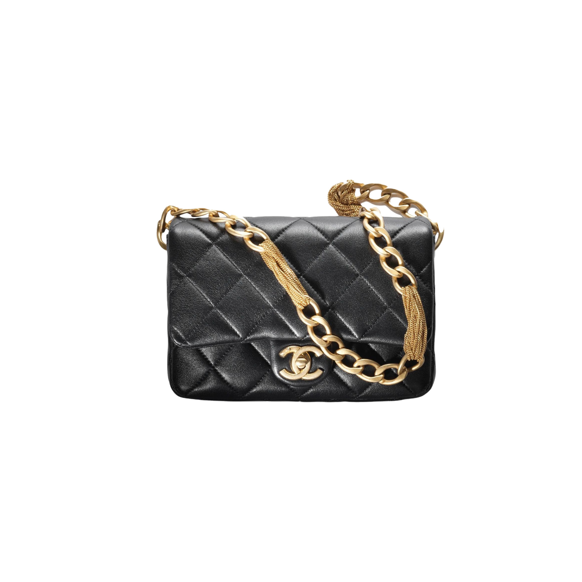 CHANEL Quilted Lambskin Shoulder Bag with Gold Fringe Chain