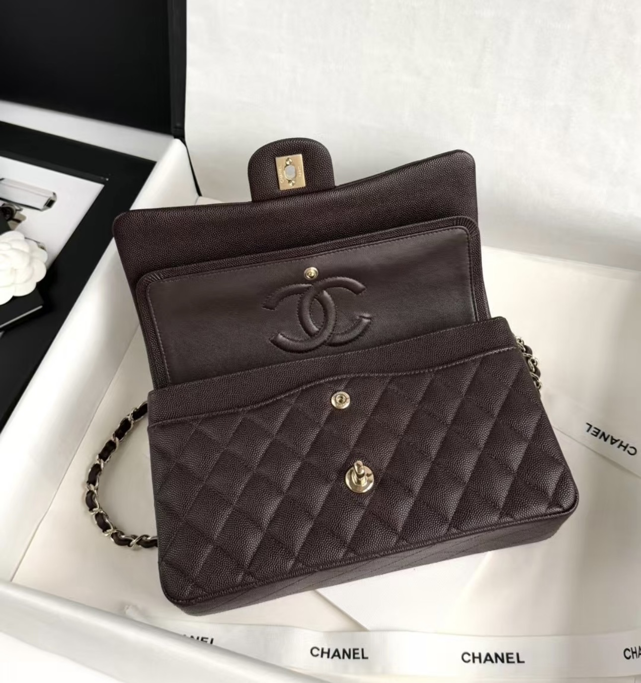CHANEL Classic 11.12 Handbag In Grained Shiny Calfskin Dark Brown