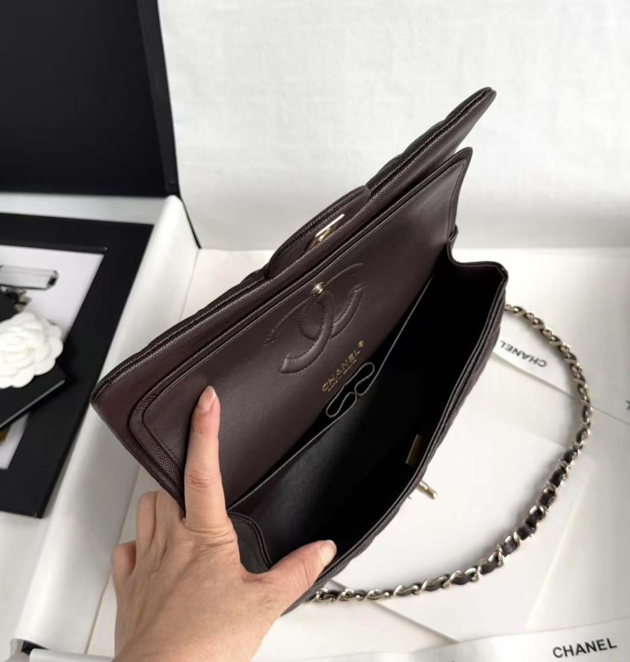 CHANEL Classic 11.12 Handbag In Grained Shiny Calfskin Dark Brown