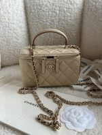 CHANEL Lambskin Quilted Small Top Handle Vanity Case With Chain Ecru Dark Beige