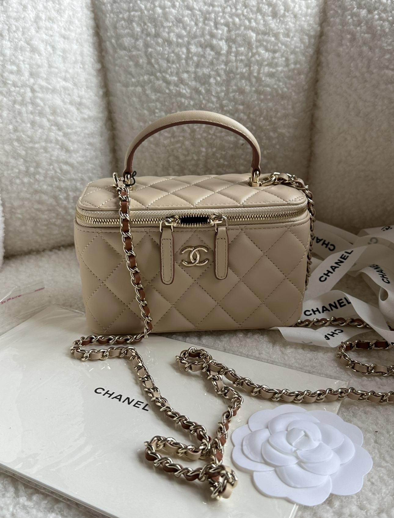 CHANEL Lambskin Quilted Small Top Handle Vanity Case With Chain Ecru Dark Beige