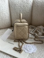 CHANEL Lambskin Quilted Small Top Handle Vanity Case With Chain Ecru Dark Beige