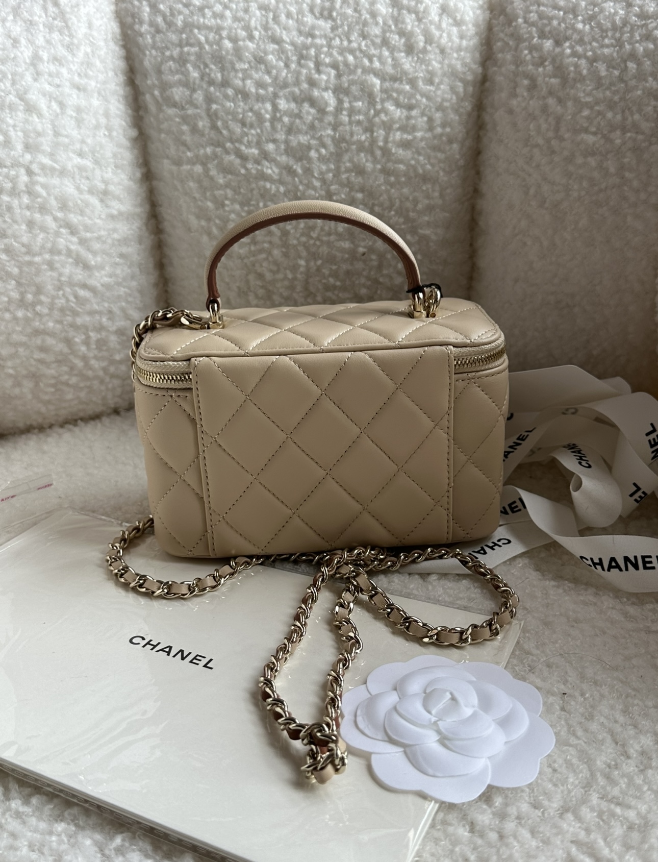 CHANEL Lambskin Quilted Small Top Handle Vanity Case With Chain Ecru Dark Beige