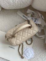 CHANEL Lambskin Quilted Small Top Handle Vanity Case With Chain Ecru Dark Beige