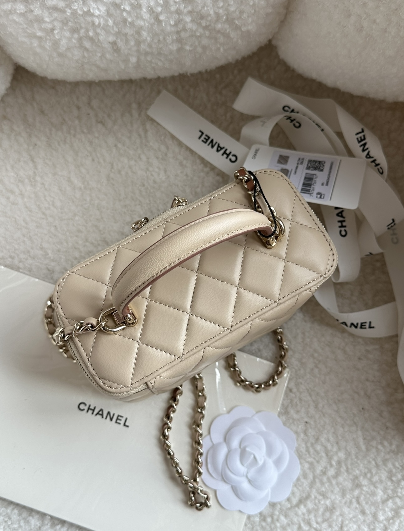CHANEL Lambskin Quilted Small Top Handle Vanity Case With Chain Ecru Dark Beige