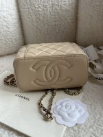 CHANEL Lambskin Quilted Small Top Handle Vanity Case With Chain Ecru Dark Beige