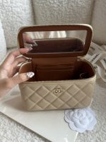 CHANEL Lambskin Quilted Small Top Handle Vanity Case With Chain Ecru Dark Beige