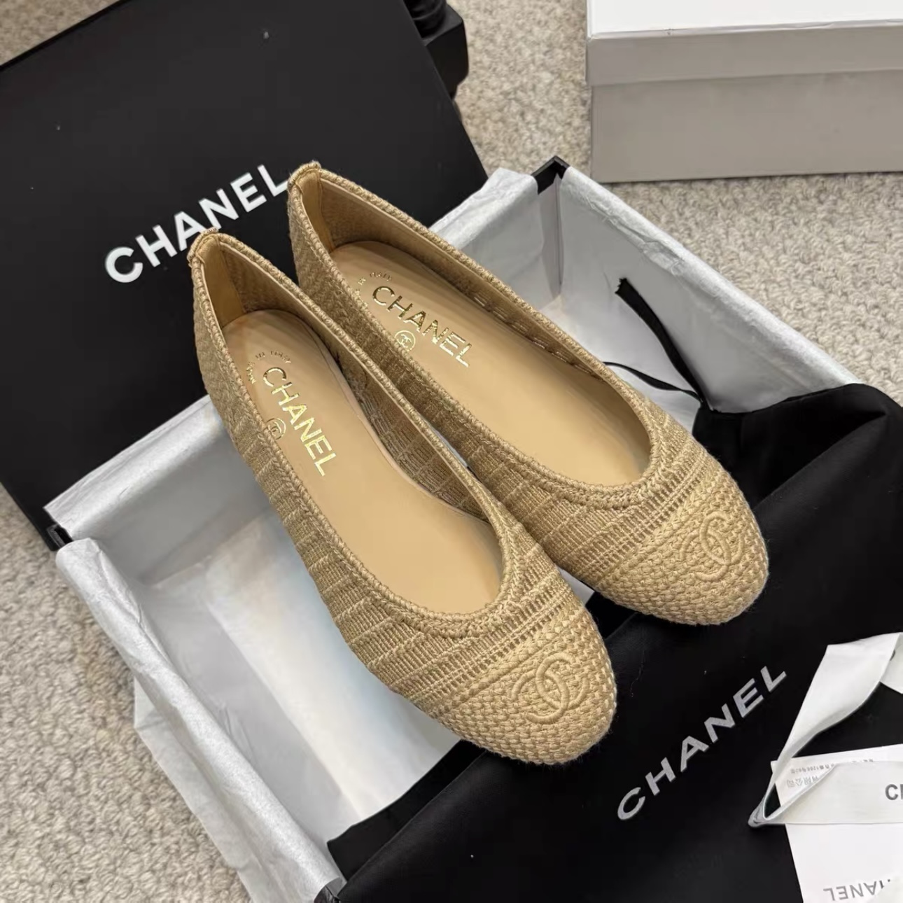 CHANEL Raffia Woven Ballet Flats