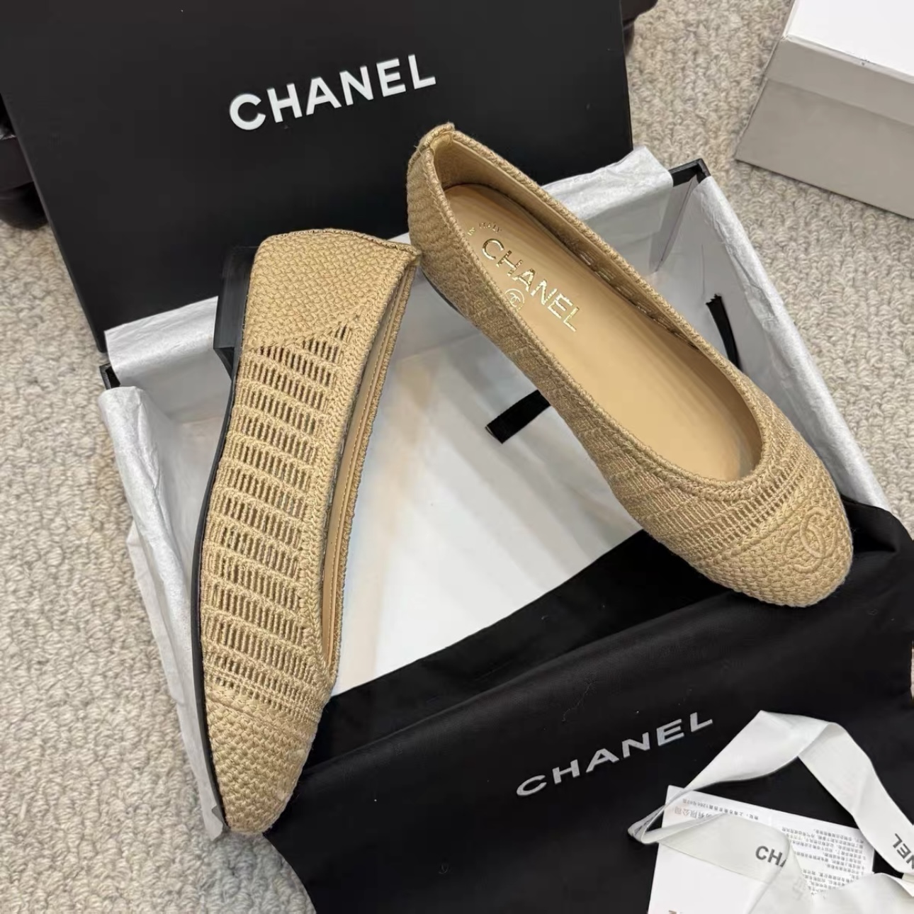CHANEL Raffia Woven Ballet Flats
