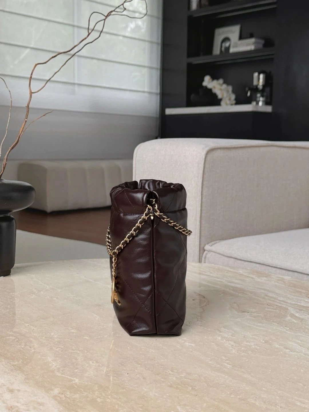 CHANEL Shiny Calfskin Quilted Mini 22 Dark Brown