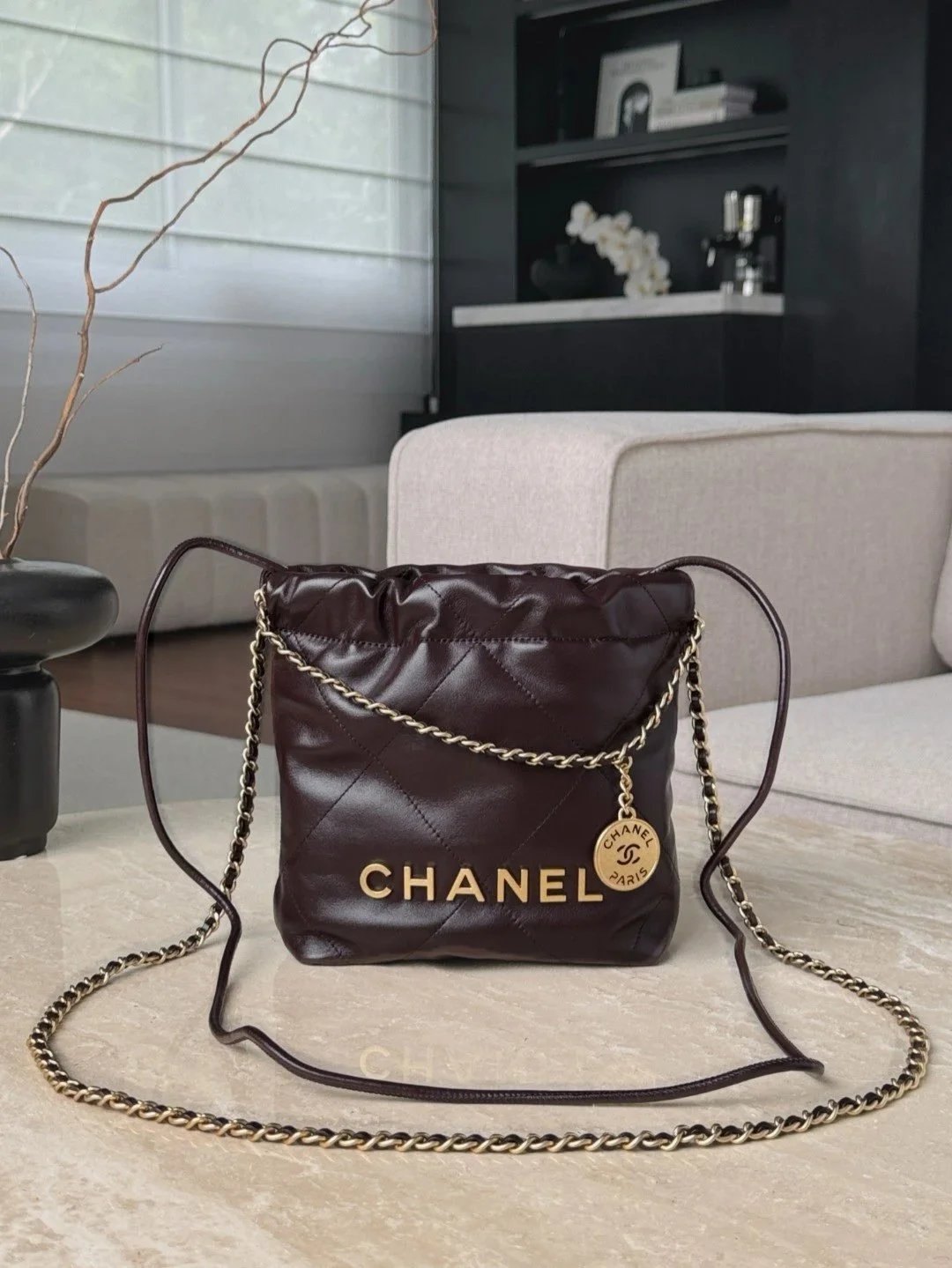 CHANEL Shiny Calfskin Quilted Mini 22 Dark Brown