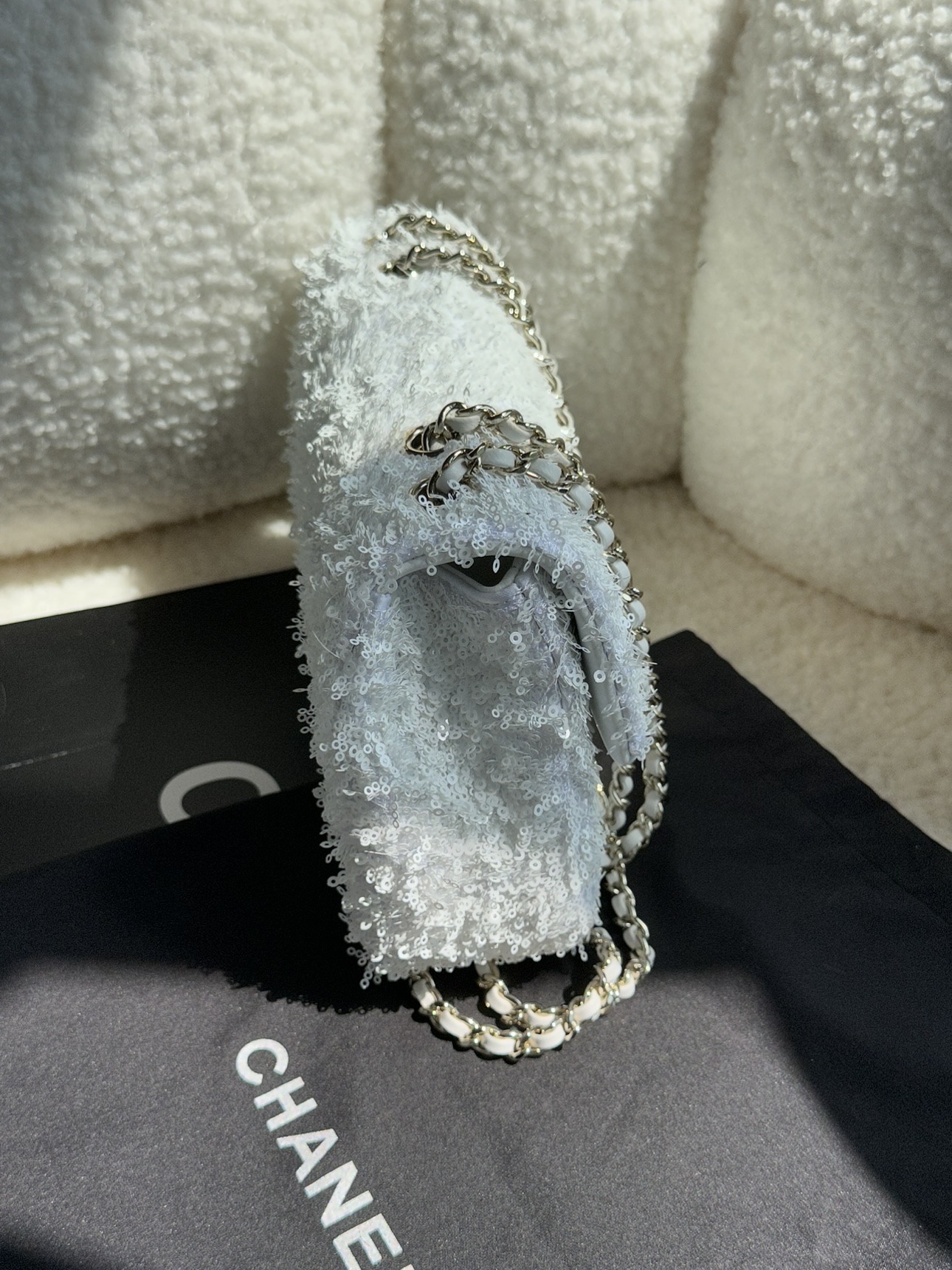 CHANEL Evening Bag Fringed Sequins & Gold-Tone Metal White