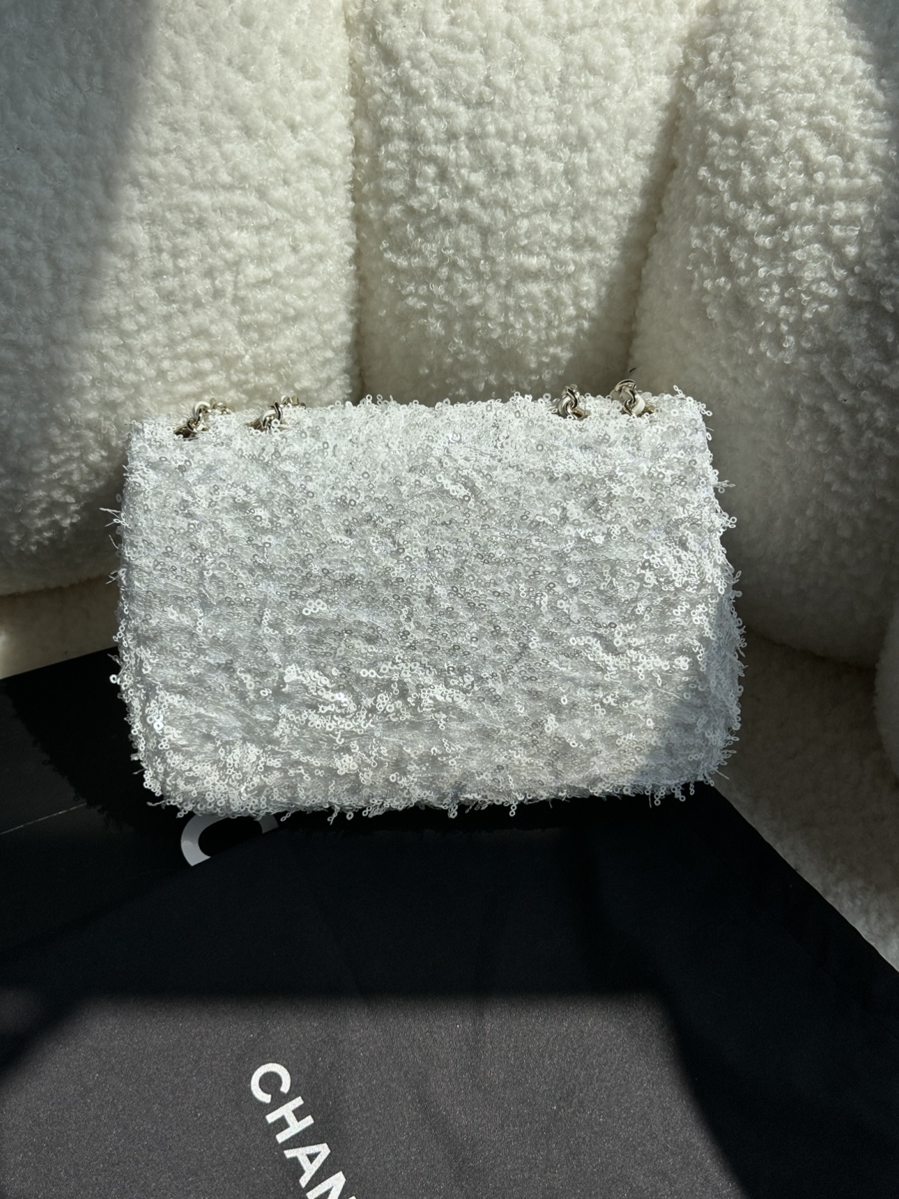 CHANEL Evening Bag Fringed Sequins & Gold-Tone Metal White