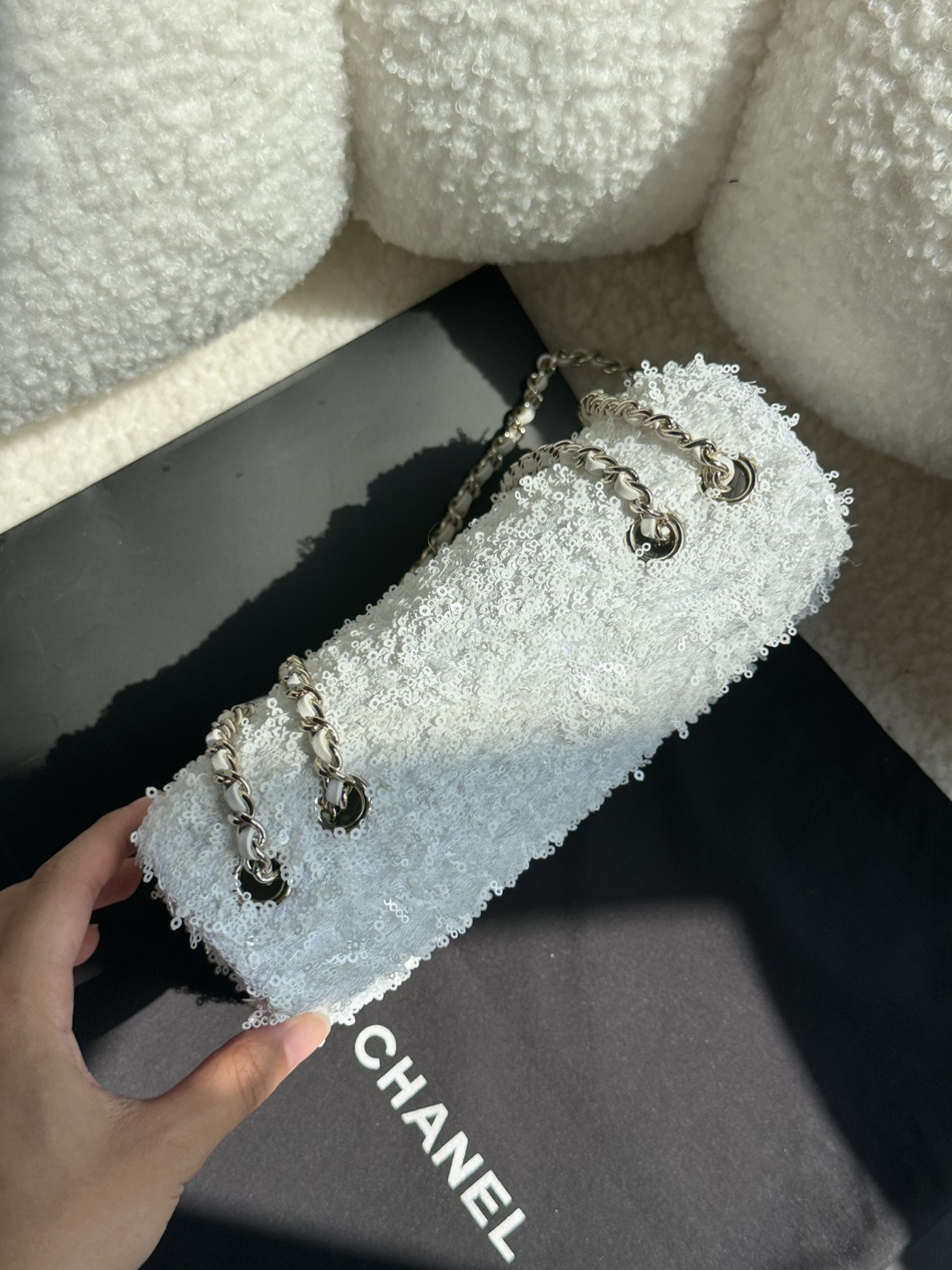CHANEL Evening Bag Fringed Sequins & Gold-Tone Metal White