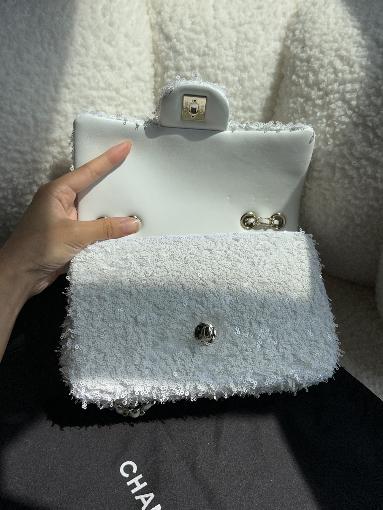 CHANEL Evening Bag Fringed Sequins & Gold-Tone Metal White